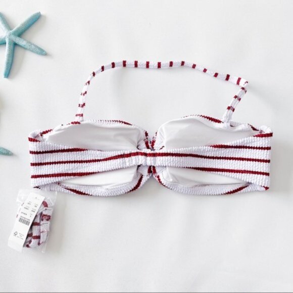J. Crew | Scrunchie Ring Bandeau Bikini Top Stripe White Racing Red Textured New - Picture 9 of 15